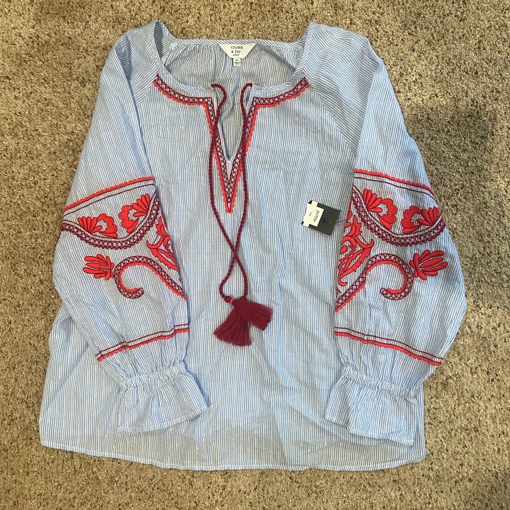 Crown & Ivy White and Red Embellished Long Sleeve Blouse